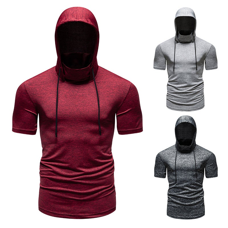 men''s new fitness running riding hooded short sleeve T-shirt 013P35 - Image 5