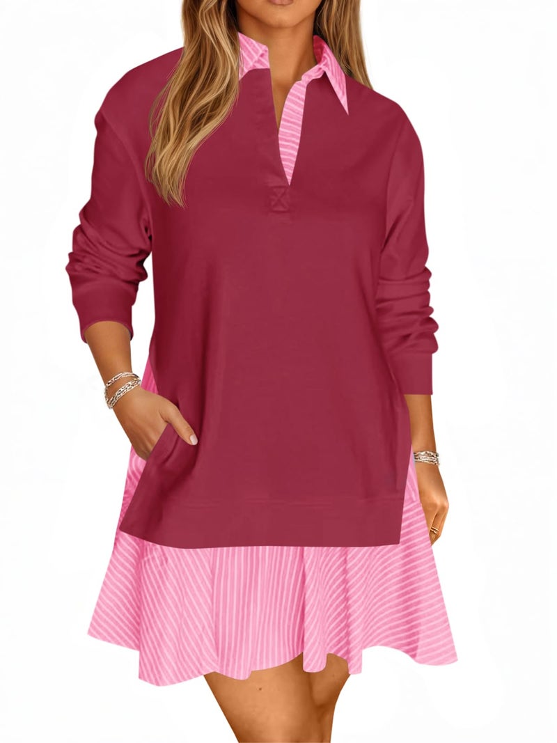 Wenrine Womens Oversized Sweatshirt Dress Casual Long Sleeve Collared V Neck Patchwork Loose Mini Dresses Burgundy - Image 1