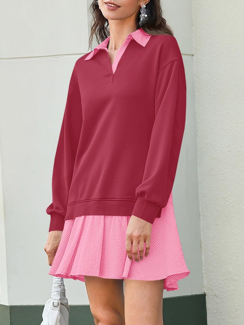 Wenrine Womens Oversized Sweatshirt Dress Casual Long Sleeve Collared V Neck Patchwork Loose Mini Dresses Burgundy - Image 3