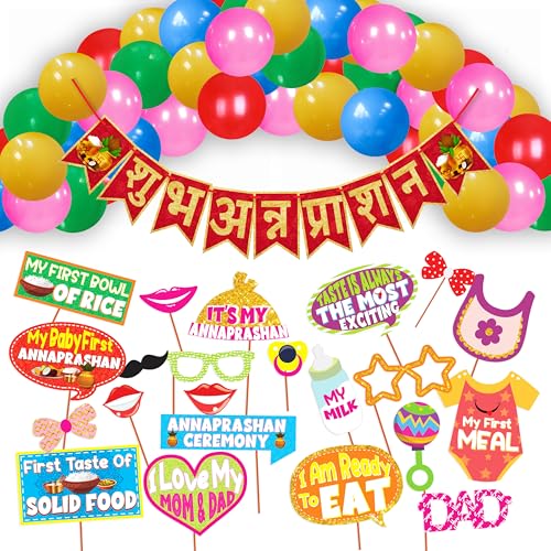 WOBBOX Annaprashan Party Props with Hindi Font Red & Golden Color Font Bunting Banner & Balloon, Annaprashan Decoration Item (43 Pcs Combo) - Image 1