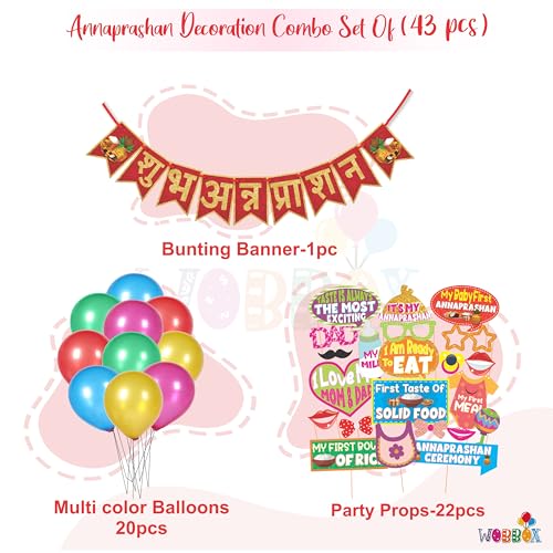 WOBBOX Annaprashan Party Props with Hindi Font Red & Golden Color Font Bunting Banner & Balloon, Annaprashan Decoration Item (43 Pcs Combo) - Image 2