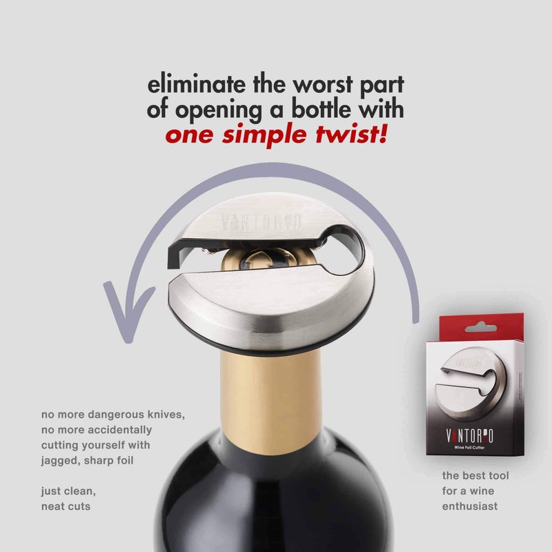 Vintorio Easy Wine Foil Top Cutter - Cut Bottle Capsules and Neck Labels - Sharp Remover for Wine Seals - Tough Metal, Stainless Steel Plated Body - Image 4