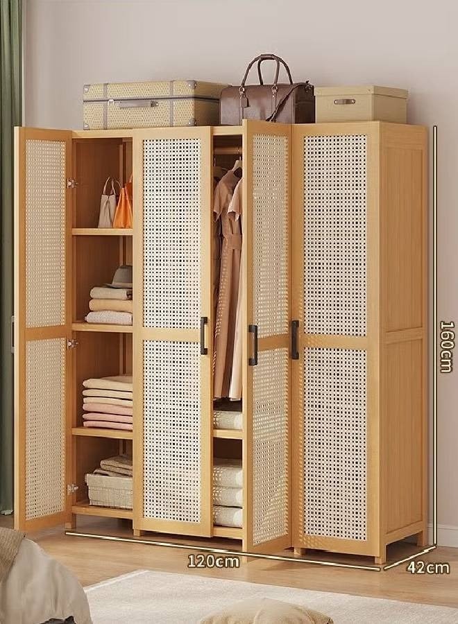 KLNAMAEAAN Natural Rattan 4 Door Wooden Wardrobe Freestanding Storage Cabinet with Shelves & Hanging Space Size 160cm 120cm 42cm  - Image 1