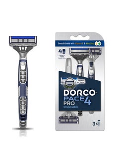 DORCO Pace Pro 4 Disposable Razors, 3 Pack - Long Lasting 4 Blade Technology With A Precision Trimmer, Safety Guard Bar, Pivoting Head And Non-Slip Rubber Handle (3 Razors)  - Image 1