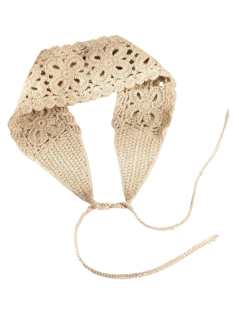 OYOANGLE Womens Boho Crochet Knit Hair Band Vintage Head Wrap Hair Bandanas Head Kerchief Beige OneSize