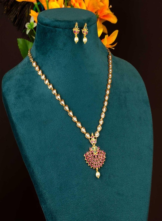 Sasitrends Gold Plated Brass 18 Inches Short Pearl Chain with Small Pendant and Tiny Earrings for Women & Girls - Image 2