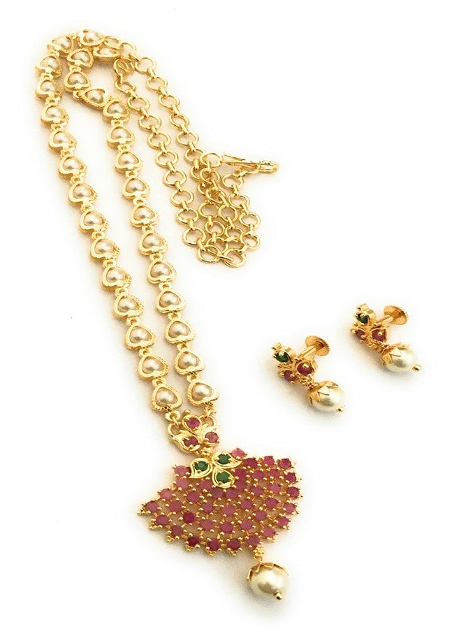 Sasitrends Gold Plated Brass 18 Inches Short Pearl Chain with Small Pendant and Tiny Earrings for Women & Girls - Image 1