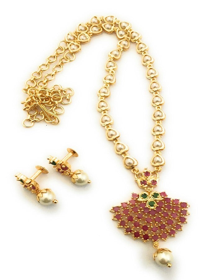 Sasitrends Gold Plated Brass 18 Inches Short Pearl Chain with Small Pendant and Tiny Earrings for Women & Girls - Image 5