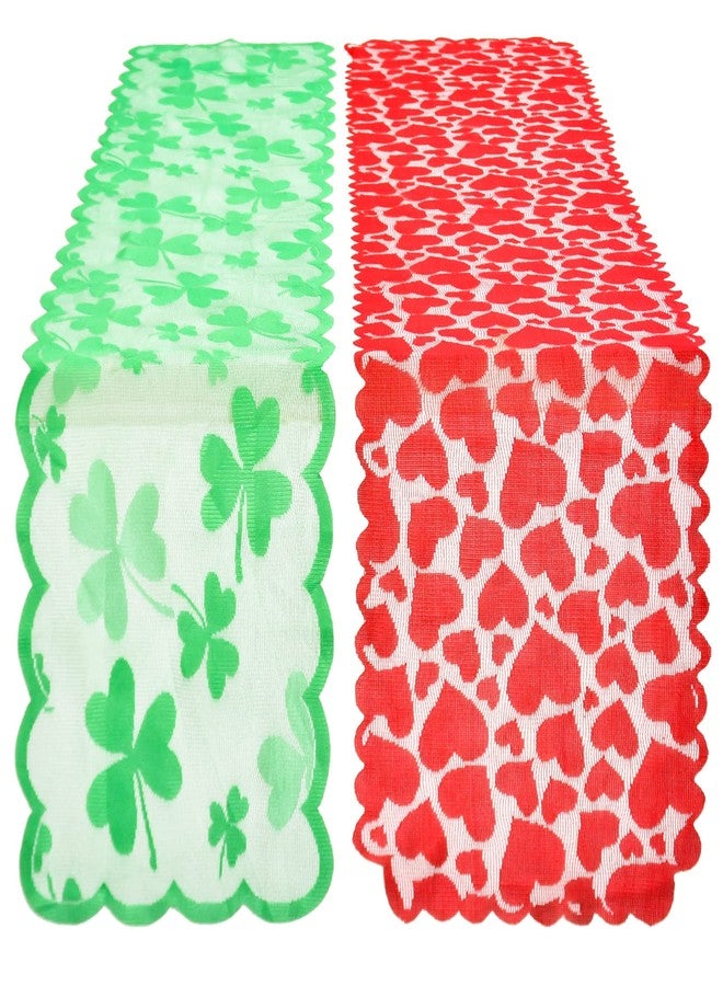 MixTeach 2Pcs Heart Shamrock Lace Table Runner Valentines Day Heart Table Decoration Runner St. Patrick's Day Clover Tablecloth Embroidered Table Cover for Wedding Valentine's Day St. Patrick’s Day Party Decor - Image 1