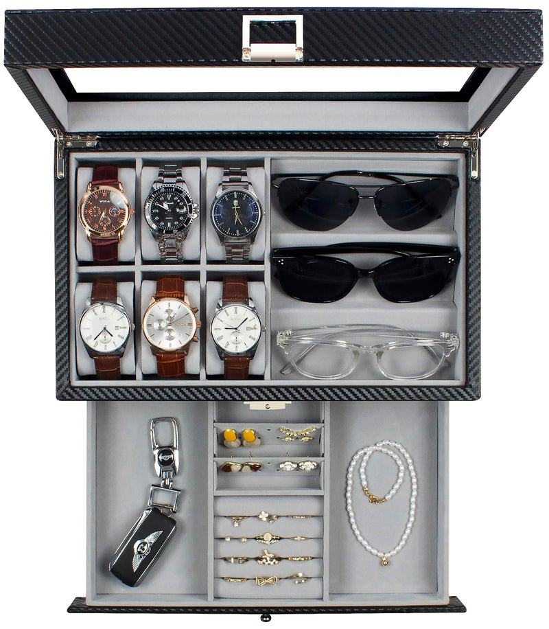 GUKA Watch box, 6 Slot Watch Case, 3 Slot Sunglass Organizer, Watch Cases for men with Real Glass Lid, Watch Organizer storage with Jewelry Case, Birthday for Men and Women, - Image 1