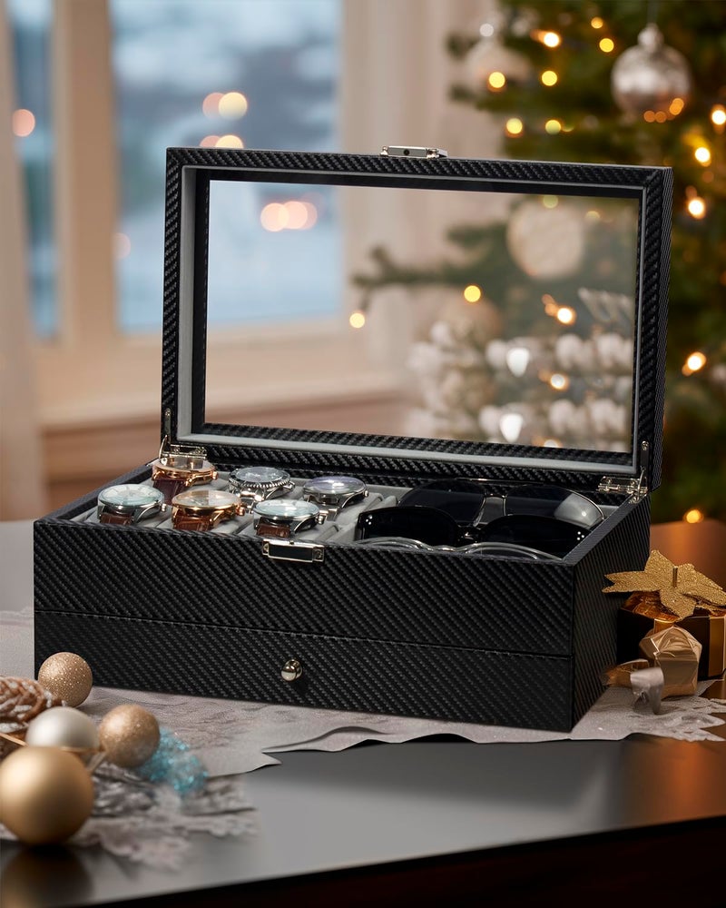 GUKA Watch box, 6 Slot Watch Case, 3 Slot Sunglass Organizer, Watch Cases for men with Real Glass Lid, Watch Organizer storage with Jewelry Case, Birthday for Men and Women, - Image 2