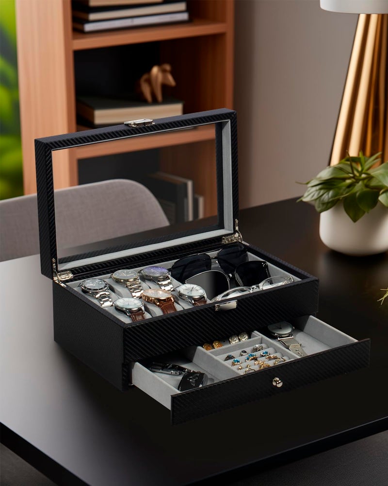 GUKA Watch box, 6 Slot Watch Case, 3 Slot Sunglass Organizer, Watch Cases for men with Real Glass Lid, Watch Organizer storage with Jewelry Case, Birthday for Men and Women, - Image 3