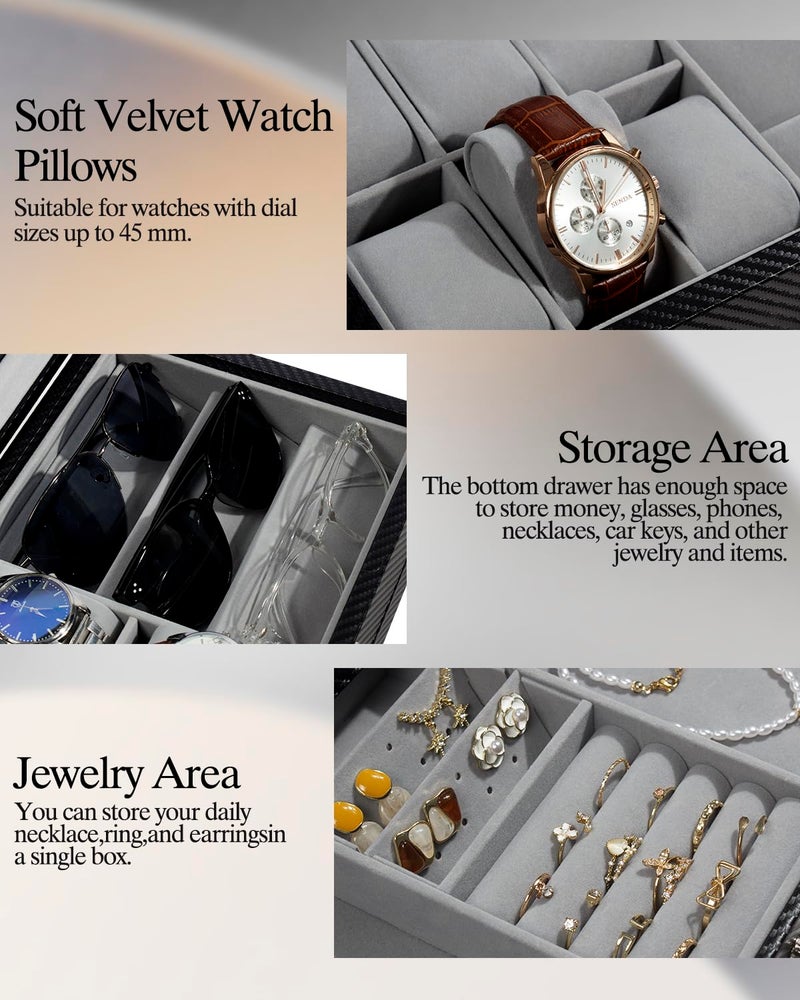 GUKA Watch box, 6 Slot Watch Case, 3 Slot Sunglass Organizer, Watch Cases for men with Real Glass Lid, Watch Organizer storage with Jewelry Case, Birthday for Men and Women, - Image 5