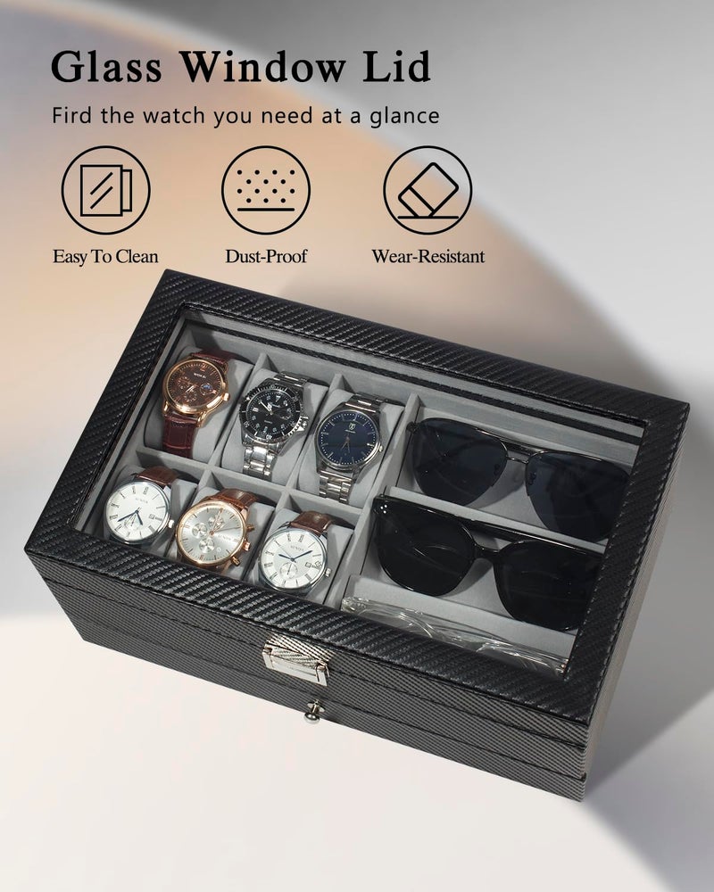 GUKA Watch box, 6 Slot Watch Case, 3 Slot Sunglass Organizer, Watch Cases for men with Real Glass Lid, Watch Organizer storage with Jewelry Case, Birthday for Men and Women, - Image 4