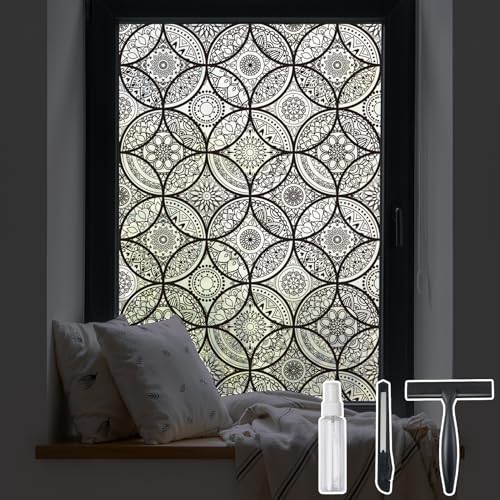 DKTIE Boho Stained Glass Look Window Privacy Film with Installation Tools Decorative Frosted Glass Window Film Static Cling No Glue Removable Pure Black 354 x 1181 - Image 1