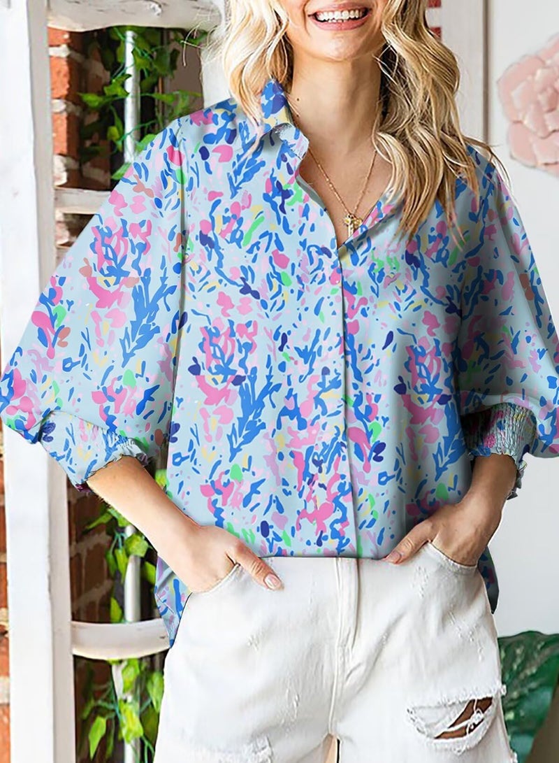 Astylish Oversized Boho Shirts for Women Spring Paisley V-Neck Lantern Long Sleeve Blouse Collar Button Down Tunic Tops Dressy Blue Small - Image 2