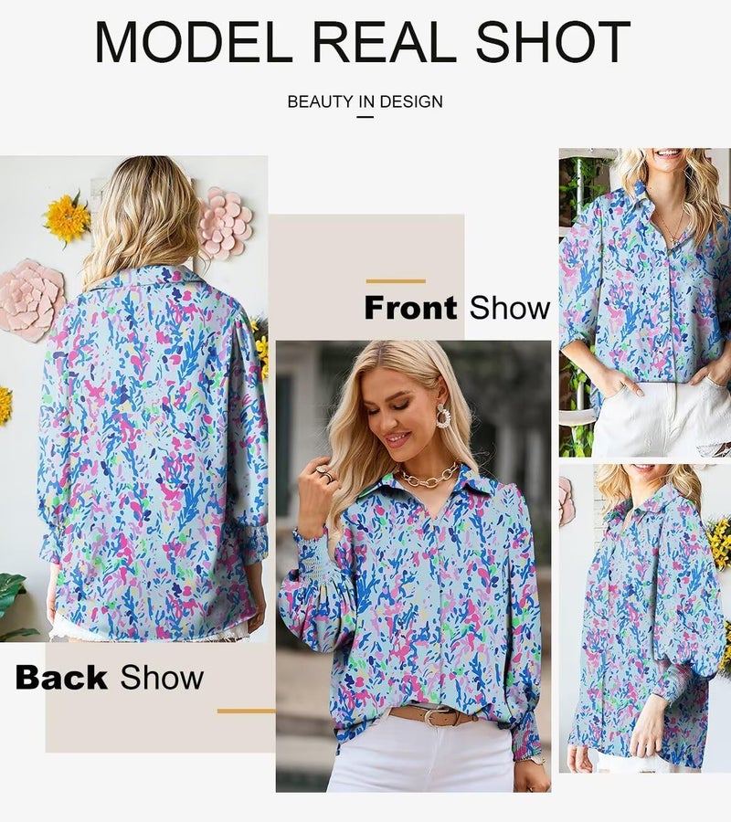 Astylish Oversized Boho Shirts for Women Spring Paisley V-Neck Lantern Long Sleeve Blouse Collar Button Down Tunic Tops Dressy Blue Small - Image 5
