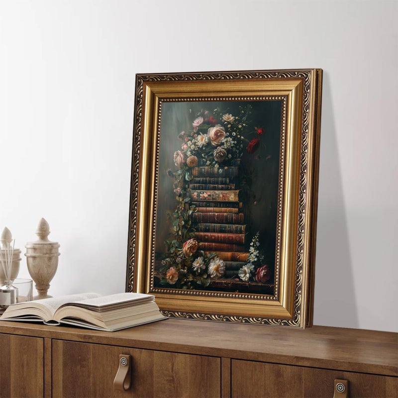 ASTRDECOR Framed Vintage Floral Wall Art - Moody Flowers Books Art Oil Painting, Vintage Wildflowers Dark Academia Floral Gallery Wall Decor Picture, Rustic Country Canvas Decor for Living Room Office 9''x12'' - Image 3