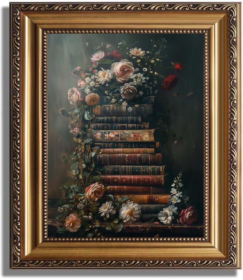 ASTRDECOR Framed Vintage Floral Wall Art - Moody Flowers Books Art Oil Painting, Vintage Wildflowers Dark Academia Floral Gallery Wall Decor Picture, Rustic Country Canvas Decor for Living Room Office 9''x12'' - Image 1
