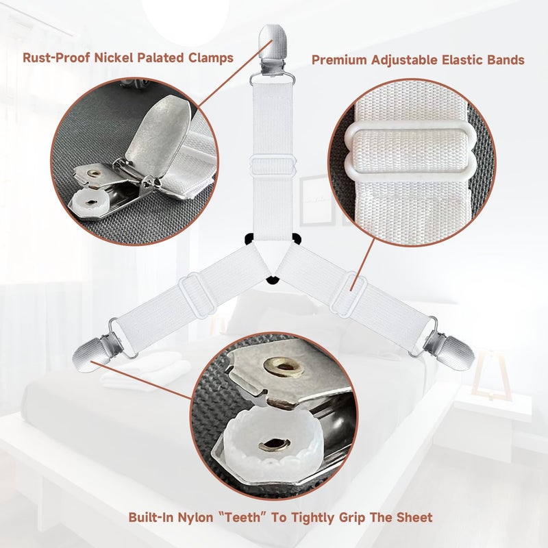 Bozenu Bed Sheet Straps, Upgrade Fitted Bed Sheet Holders for Corners, Non Slip Sheet Clips White 4Pcs - Image 3