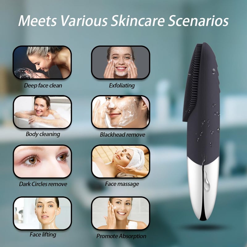 Uimoky Facial Cleansing Brush, 3-in-1 Electric Silicone Face Scrubber, Vibrating Massager, IPX7 Waterproof, USB Rechargeble Pore Brush for Deep Cleanning, Blackhead Remover, Exfoliating (Gray) - Image 5
