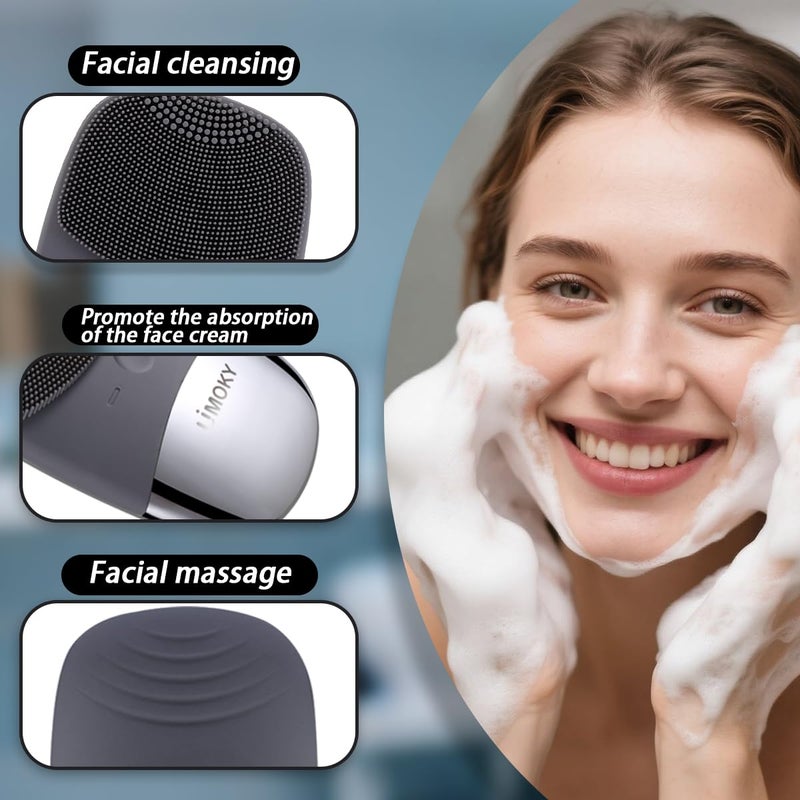 Uimoky Facial Cleansing Brush, 3-in-1 Electric Silicone Face Scrubber, Vibrating Massager, IPX7 Waterproof, USB Rechargeble Pore Brush for Deep Cleanning, Blackhead Remover, Exfoliating (Gray) - Image 3