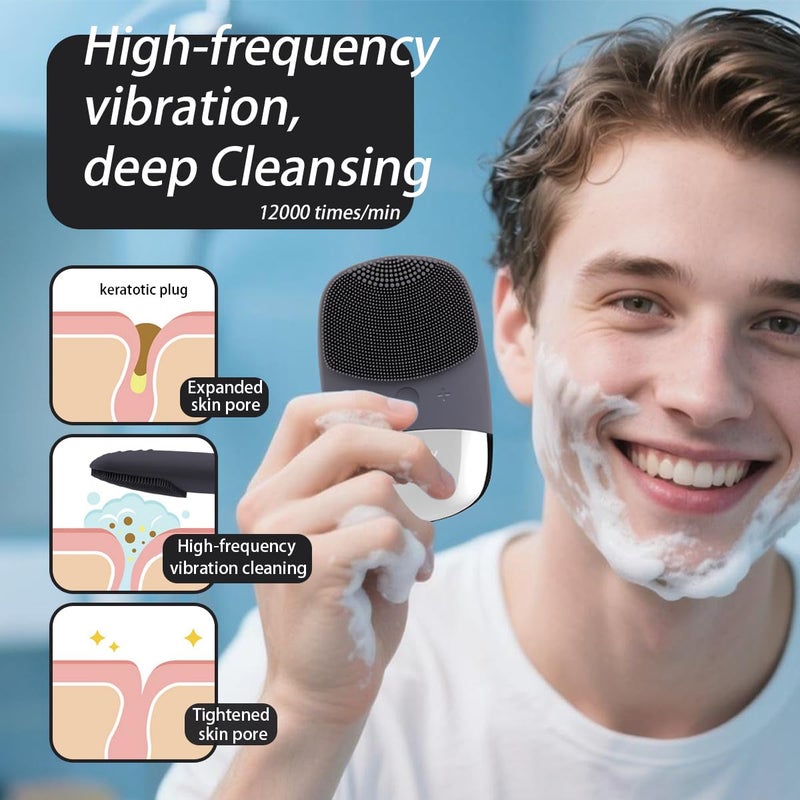 Uimoky Facial Cleansing Brush, 3-in-1 Electric Silicone Face Scrubber, Vibrating Massager, IPX7 Waterproof, USB Rechargeble Pore Brush for Deep Cleanning, Blackhead Remover, Exfoliating (Gray) - Image 2