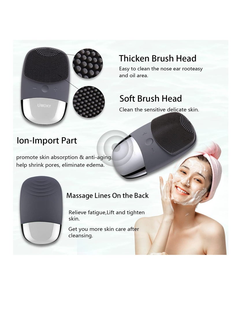 Uimoky - Facial Cleansing Brush, 3-in-1 Electric Silicone Face Scrubber, Vibrating Massager, IPX7 Waterproof, USB Rechargeble Brush for Deep Cleanning, Blackhead Remover, Exfoliating (Gray) - Image 1
