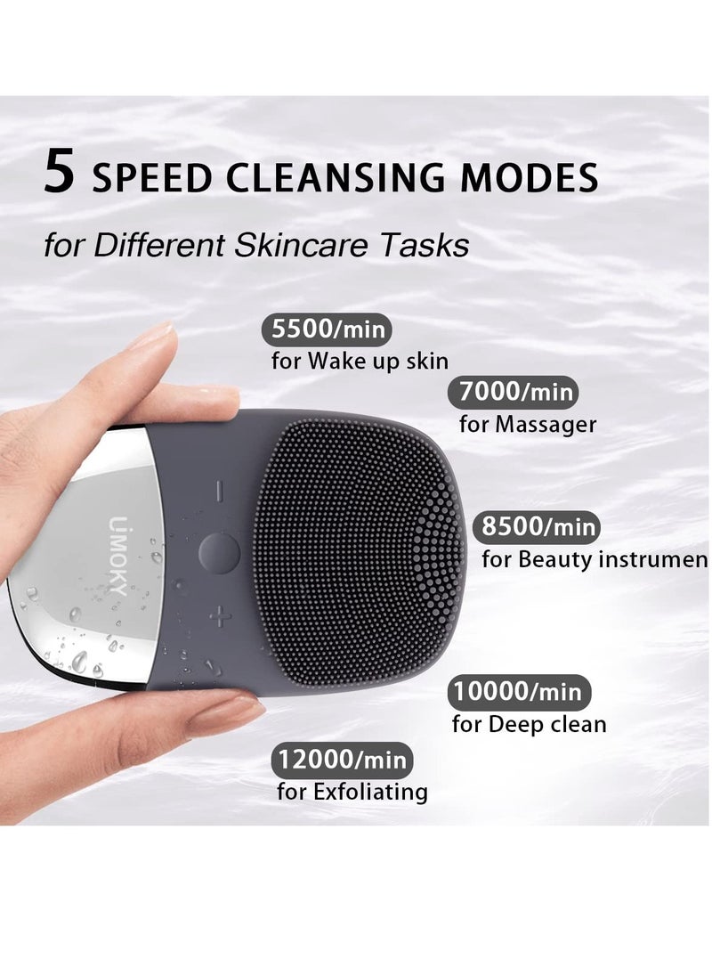 Uimoky - Facial Cleansing Brush, 3-in-1 Electric Silicone Face Scrubber, Vibrating Massager, IPX7 Waterproof, USB Rechargeble Brush for Deep Cleanning, Blackhead Remover, Exfoliating (Gray) - Image 1