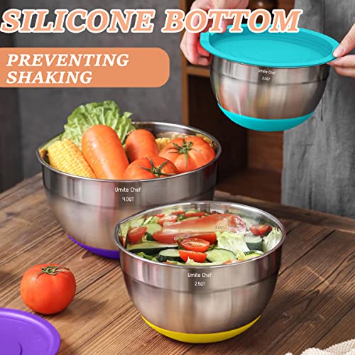 Umite Chef Mixing Bowls with Airtight Lids, 26Pcs Stainless Steel Bowls Set, 3 Grater Attachments & Colorful Non-Slip Bottoms Size 7, 4, 2.5, 2.0,1.5, 1QT, Great for Mixing & Serving - Image 5