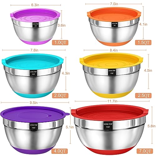 Umite Chef Mixing Bowls with Airtight Lids, 26Pcs Stainless Steel Bowls Set, 3 Grater Attachments & Colorful Non-Slip Bottoms Size 7, 4, 2.5, 2.0,1.5, 1QT, Great for Mixing & Serving - Image 4