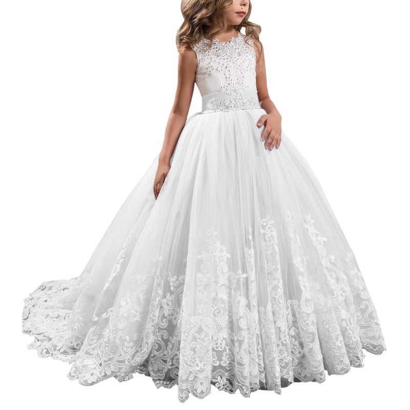 WDE Princess White Long Girls Pageant Dresses Kids Prom Puffy, White, Size 6 - Image 1
