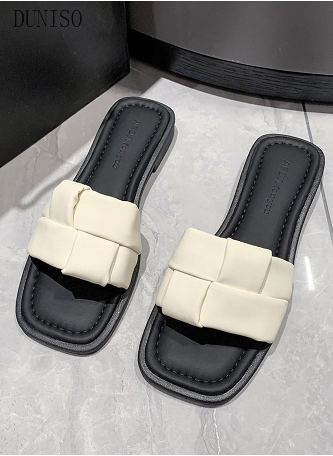 DUNISO Women's Slip On Flat Sandals Square Open Toe Slide Sandals Comfortable Women Slippers Nonslip Backless Beach Slip for Indoor and Outdoor  - Image 5