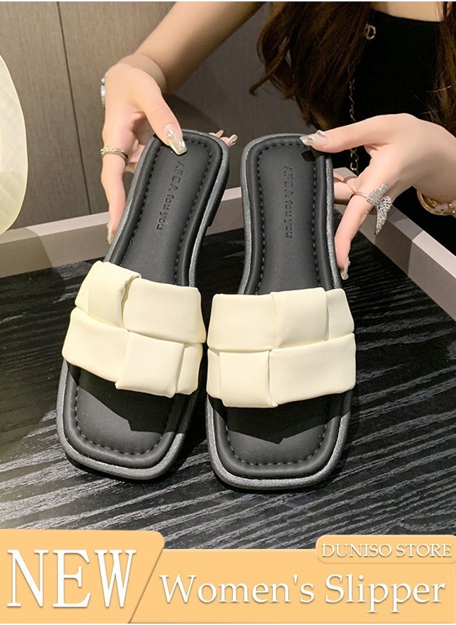 DUNISO Women's Slip On Flat Sandals Square Open Toe Slide Sandals Comfortable Women Slippers Nonslip Backless Beach Slip for Indoor and Outdoor  - Image 1