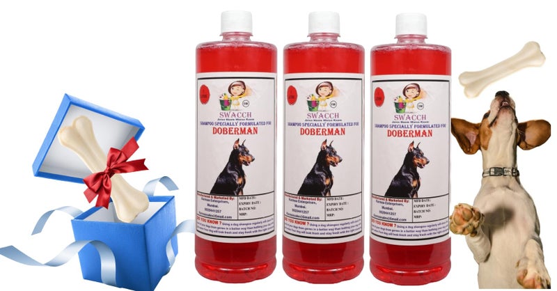 swacch Shampoo | Puppy Safe Shampoo | Doberman Dog Shampoo (1 Litre) (Pack of 3) Strawberry + Large White Bone | Dog Chew Bones | Teething chew Toy|Dental Teething | Combo Pack - Image 1