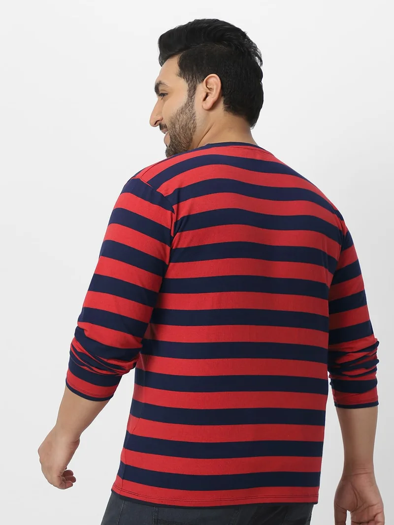 Urbano Fashion  Urbano Plus Men's Red, Navy Blue Striped Regular Fit Full Sleeve Cotton T-Shirt  | Best Price UAE