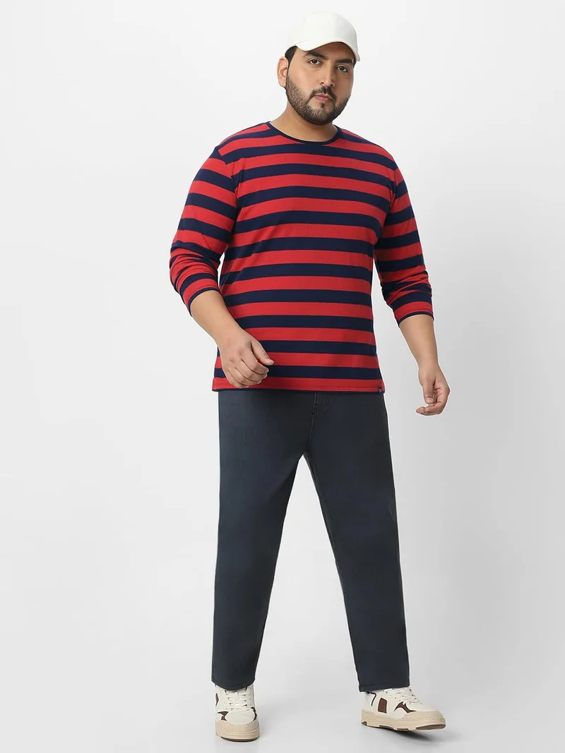 Urbano Fashion  Urbano Plus Men's Red, Navy Blue Striped Regular Fit Full Sleeve Cotton T-Shirt  | Best Price UAE