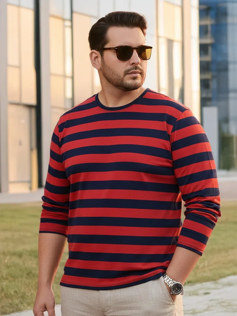 Urbano Plus Men's Red, Navy Blue Striped Regular Fit Full Sleeve Cotton T-Shirt