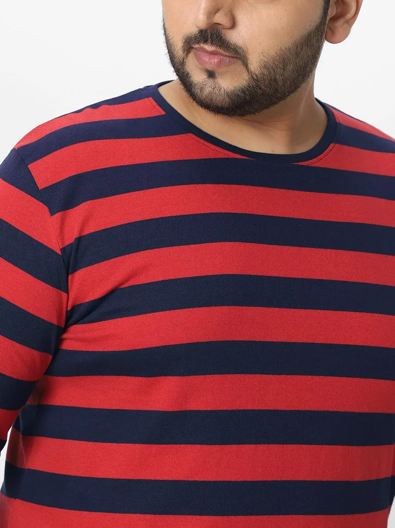 Urbano Fashion  Urbano Plus Men's Red, Navy Blue Striped Regular Fit Full Sleeve Cotton T-Shirt  | Best Price UAE