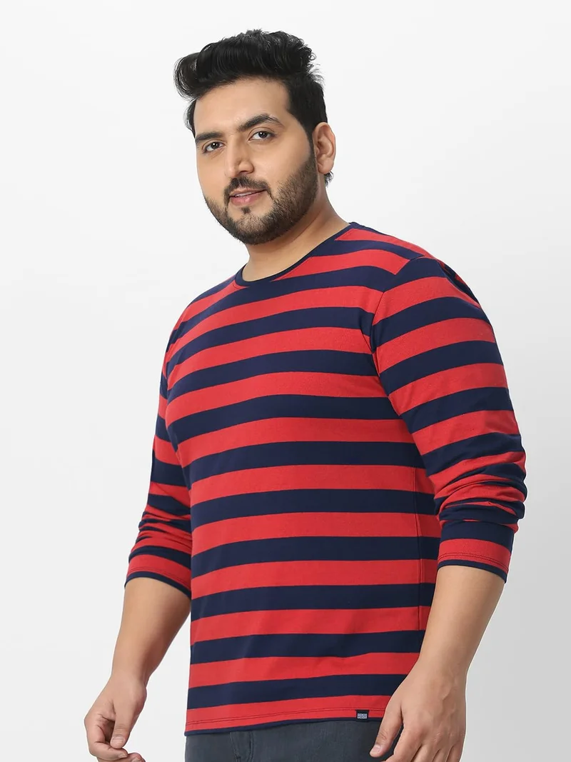 Urbano Fashion  Urbano Plus Men's Red, Navy Blue Striped Regular Fit Full Sleeve Cotton T-Shirt  | Best Price UAE