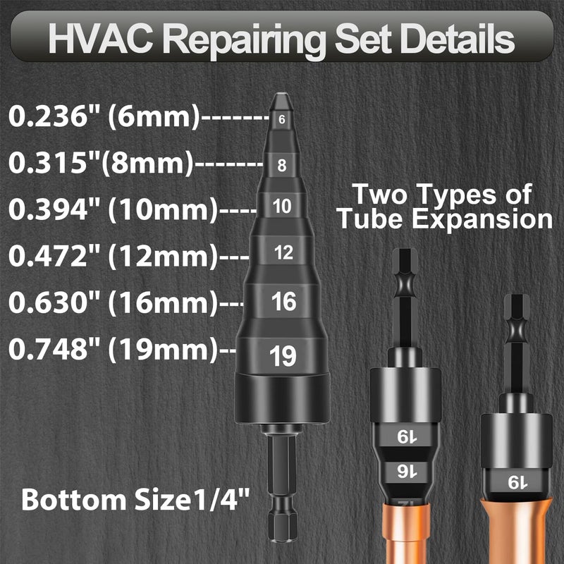 3DSKY 7Pcs HVAC Swaging Repairing Tool, Air Conditioner Copper Tube Expander with 6 in 1 6/8/10/12/16/19mm Kits, Flaring Drill Pipe Expander Tubing Set 1/4'', 3/8'', 1/2'', 5/8'', 3/4'', 7/8'' Bits - Image 3
