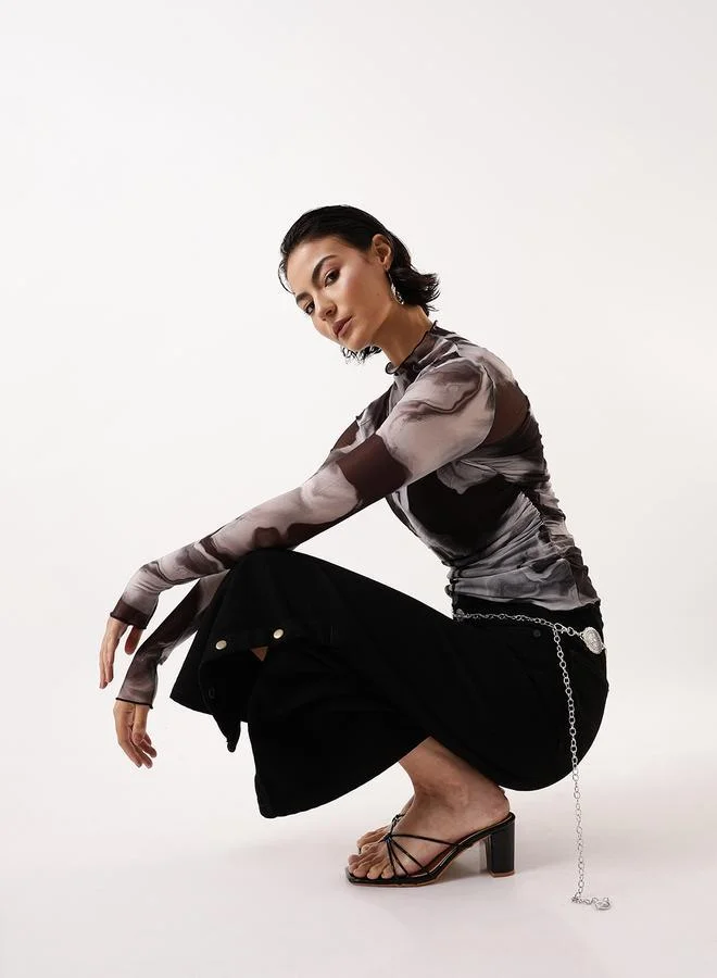 Hubberholme Women's Black 100% Polyester Self Design Pattern Slim Fit Tops