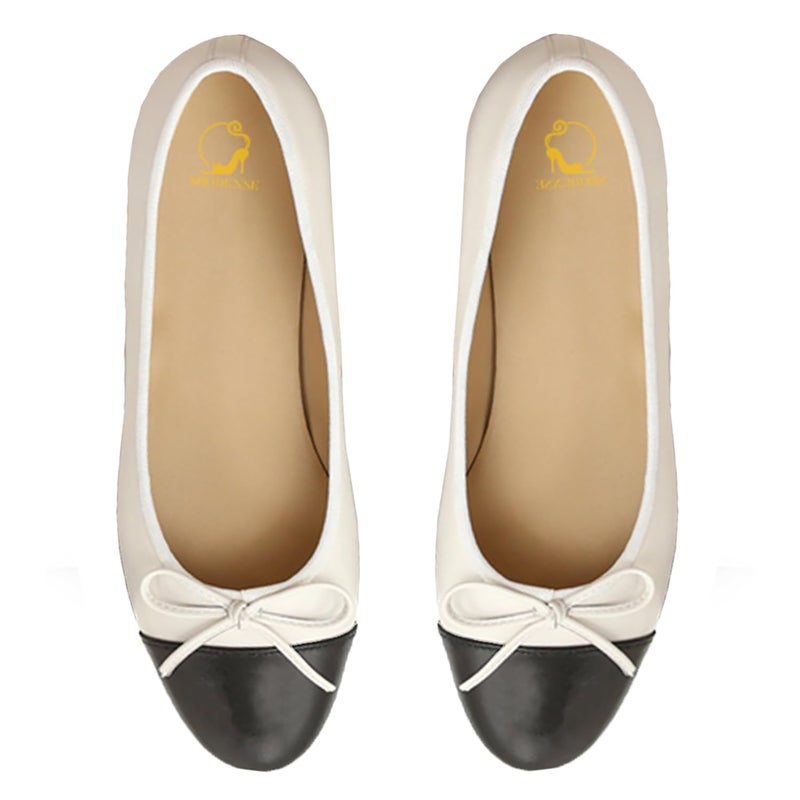 SHODENSE Women Cap Toe Bow Flats Two Tone Slip On Ballet Dress Shoes Comfort Closed Round Toe Colorblock 1 Inch Low Flat Heel Cute Ladies Casual Driver Matte White 10 M US
