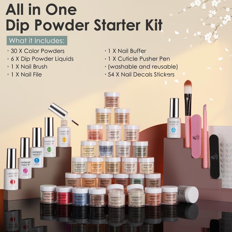 Lavender Violets 94 PCS Dip Powder Nail Kit Starter, 30 Colors Nude Brown Green Blue All Season with Dip Powder Liquid Set and Nail Art Tool B704 - Image 5