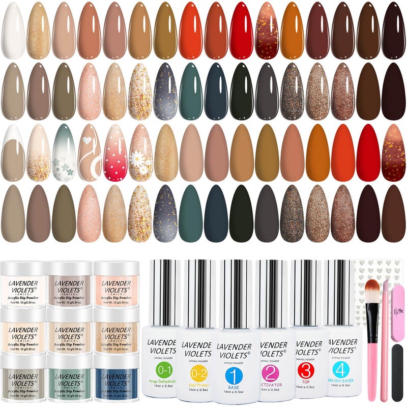 Lavender Violets 94 PCS Dip Powder Nail Kit Starter, 30 Colors Nude Brown Green Blue All Season with Dip Powder Liquid Set and Nail Art Tool B704 - Image 1