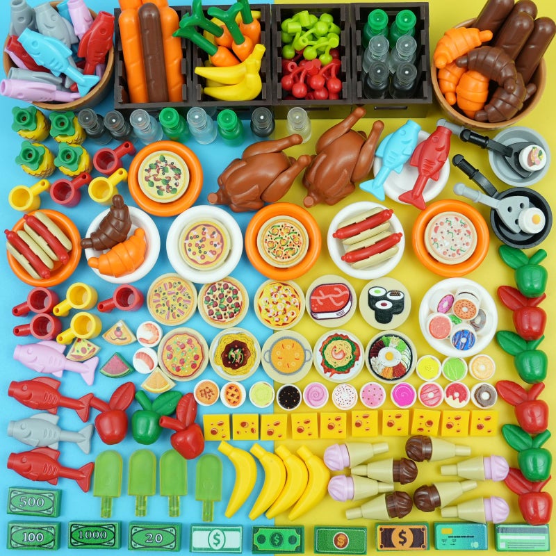 Pamvava 220pcs City Food Accessories Building Block FriendsPeople Picnic Toys Kitchen Restaurant Comida DIY Pieces FruitPizzaCheeseIce CreamTurkey Parts Money Bricks for Extra Set - Image 3