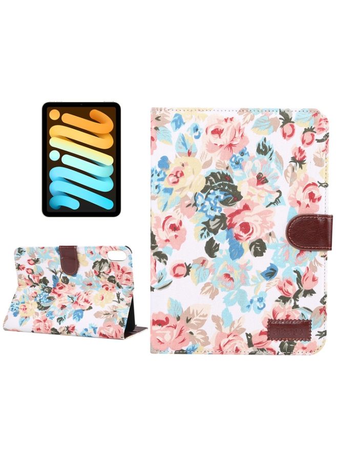 HuHa Case Cover For iPad mini 6 Flowers Cloth Pattern Horizontal Flip Leather Tablet Case with Sleep / Wake-up Function & Holder & Card Slots & Wallet White