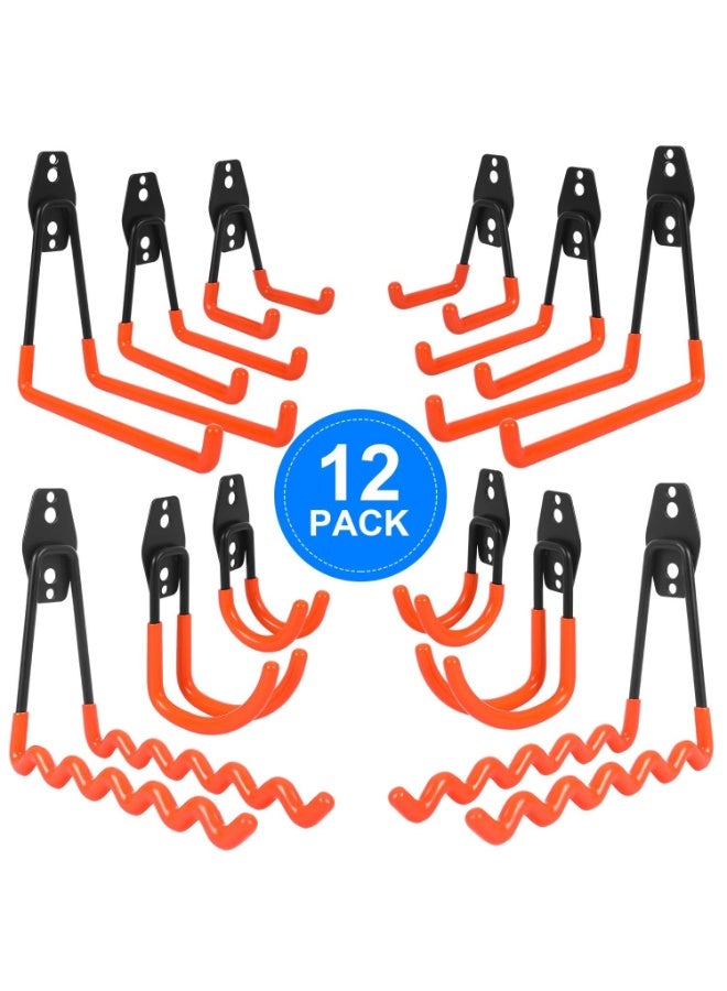 12PCS Wall Hooks Garage, Heavy Duty Garage Hooks, Double Hooks Garage, Garage Storage Hooks for Organising Ladder, Chair, Hose, Bicycles, Power Tools Bulky (Orange)  - Image 1
