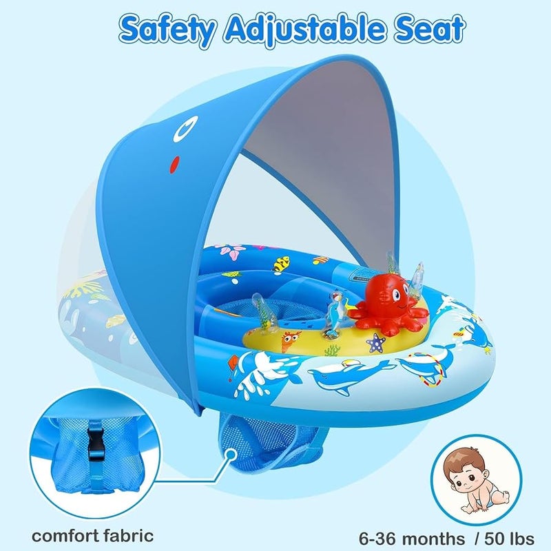 EZIGO Baby Pool Float with Canopy UPF50+ Sun Protection, Inflatable Kids Pool Floats with Ocean Animal Toys for Baby 6-36 Months, Infant Swimming Float with Adjustable Safety Seat for Boys Girls - Image 4