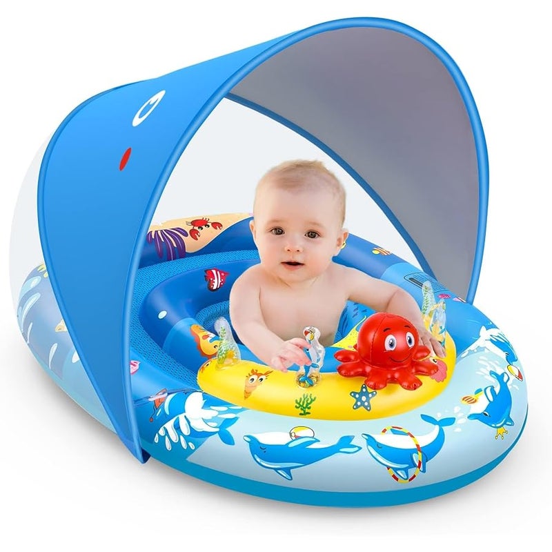 EZIGO Baby Pool Float with Canopy UPF50+ Sun Protection, Inflatable Kids Pool Floats with Ocean Animal Toys for Baby 6-36 Months, Infant Swimming Float with Adjustable Safety Seat for Boys Girls - Image 1